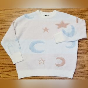 Cozy Moon & Star Striped Drop Shoulder Sweater 3D Accent Size Small